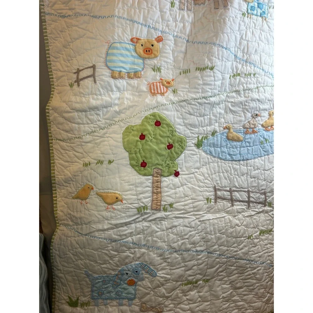 Pottery Barn Kids Farm Animal Embroidered Baby Quilt and Crib Skirt Set Cotton